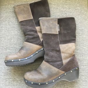 Brown Leather Suede Patchwork Clog Crocs Boots